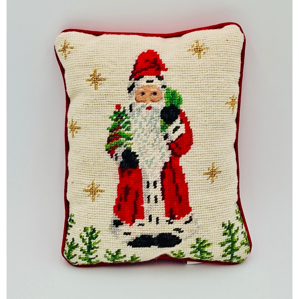 Christopher Radko Santa Needlepoint Pillow Vintage 2000 Wool Christmas Red 10x8